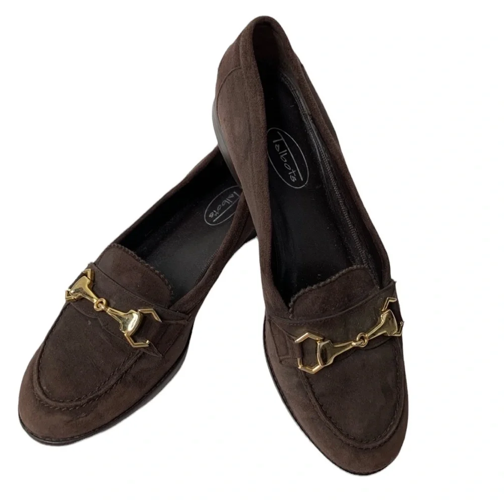 Talbots Women’s Brown Suede Flat Loafers With Gold Horse Bit Buckle Size 8 N
